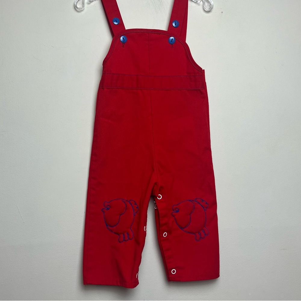 Vintage Sears Perma-Prest Red Overalls with Blue embroidered fish outline Size M